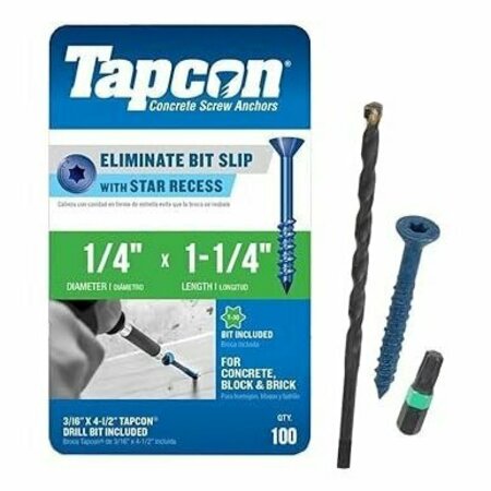 TAPCON 1/4-inch x 1-1/4-inch Climaseal Blue Flat Head T25 Concrete Screw Anchors With Drill Bit, 100PK 3310T25